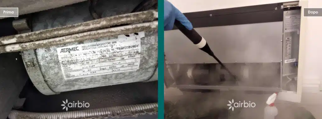 Sanificazione a vapore del vano ventilatore del condizionatore prima e dopo