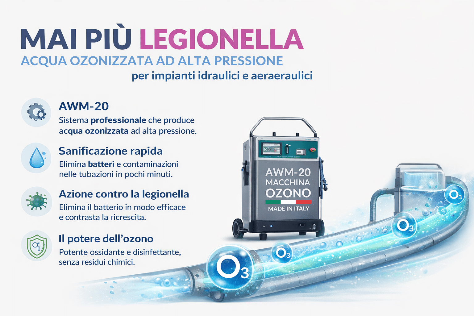 Sistema ozono AWM-20 che sanifica tubazioni eliminando la legionella con acqua ozonizzata ad alta pressione.