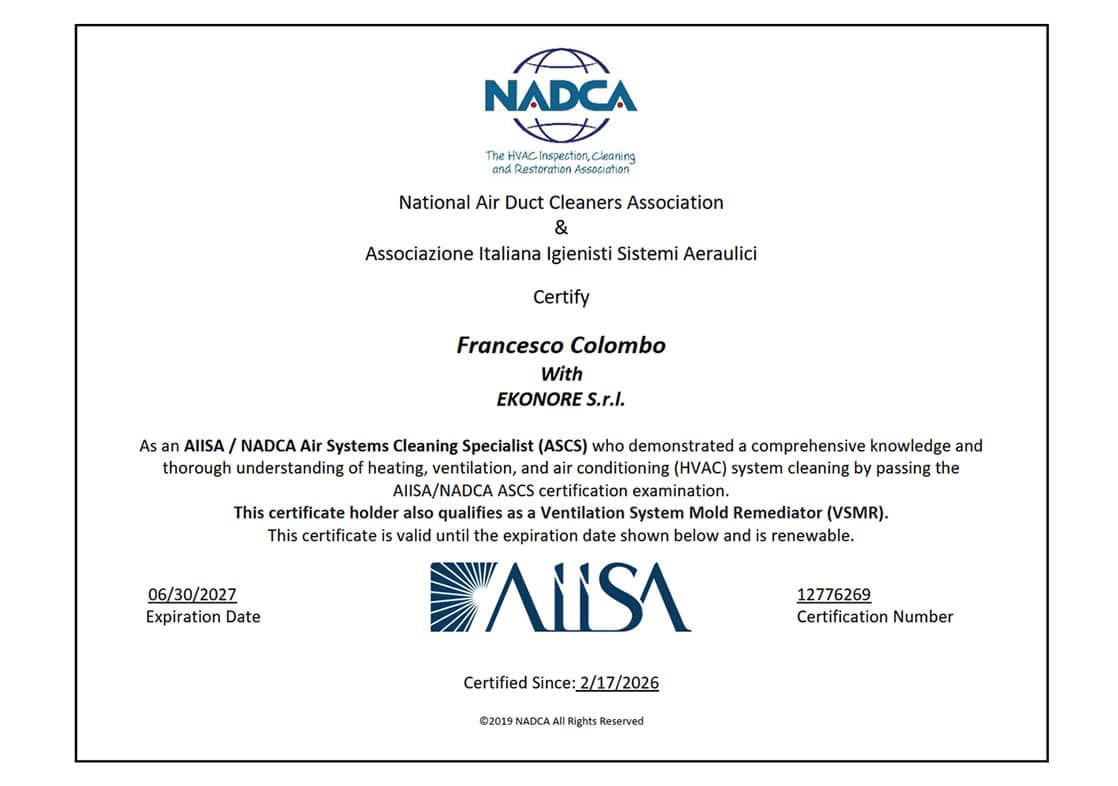Certificazione AIISA/NADCA ASCS del team Airbio per la sanificazione delle condotte aria