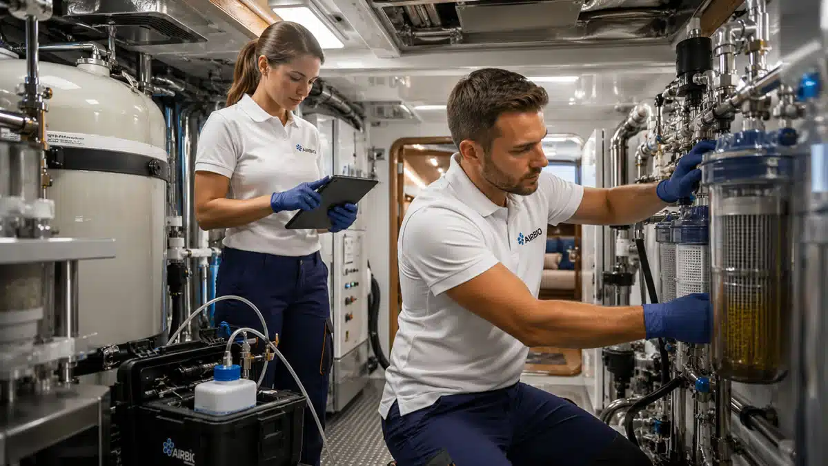 Legionella navi yacht: tecnico ispeziona il serbatoio idrico di una flotta charter