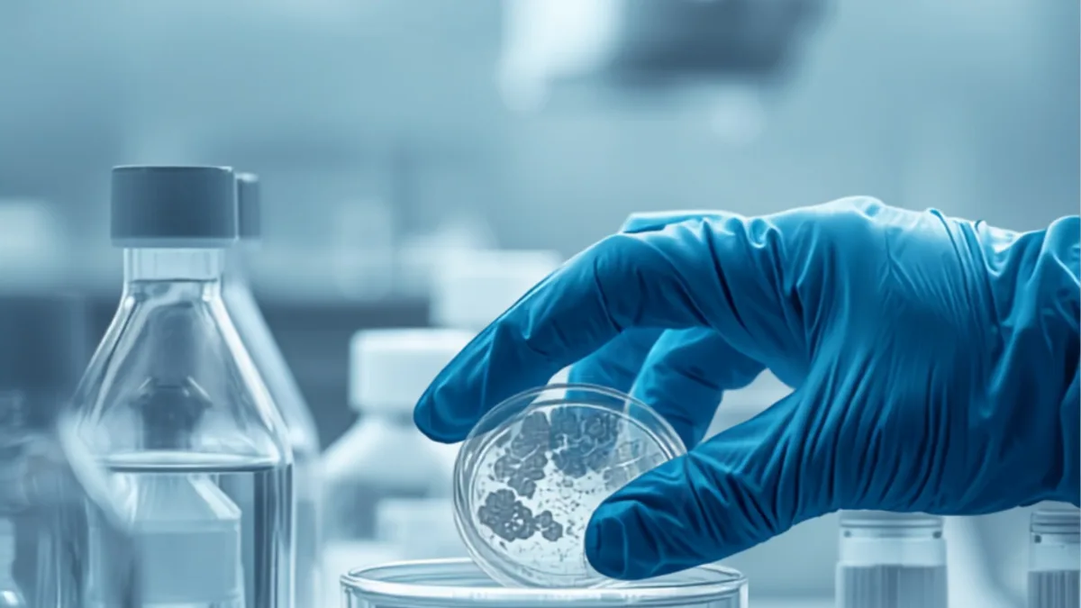 Piastre di coltura e campioni di acqua in un laboratorio di analisi microbiologiche