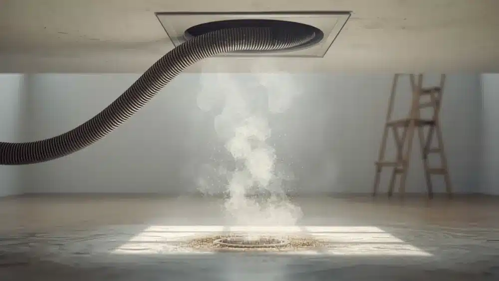 Tubo di un aspirapolvere domestico infilato in una bocchetta a soffitto con polvere sospesa