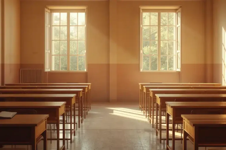 Aula scolastica con finestre aperte per la ventilazione naturale