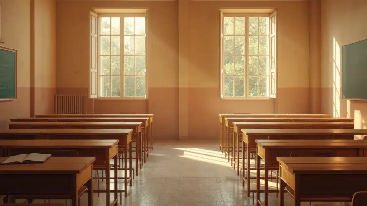 Aula scolastica con finestre aperte per la ventilazione naturale