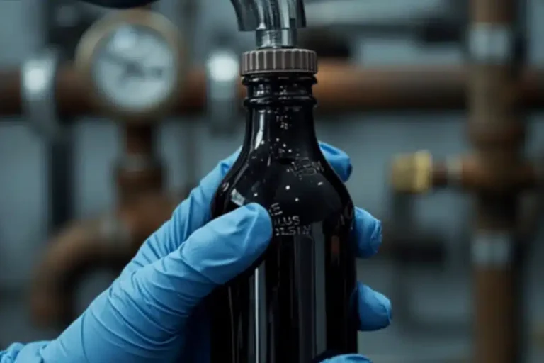 Tecnico preleva un campione di acqua da un rubinetto in una bottiglia sterile