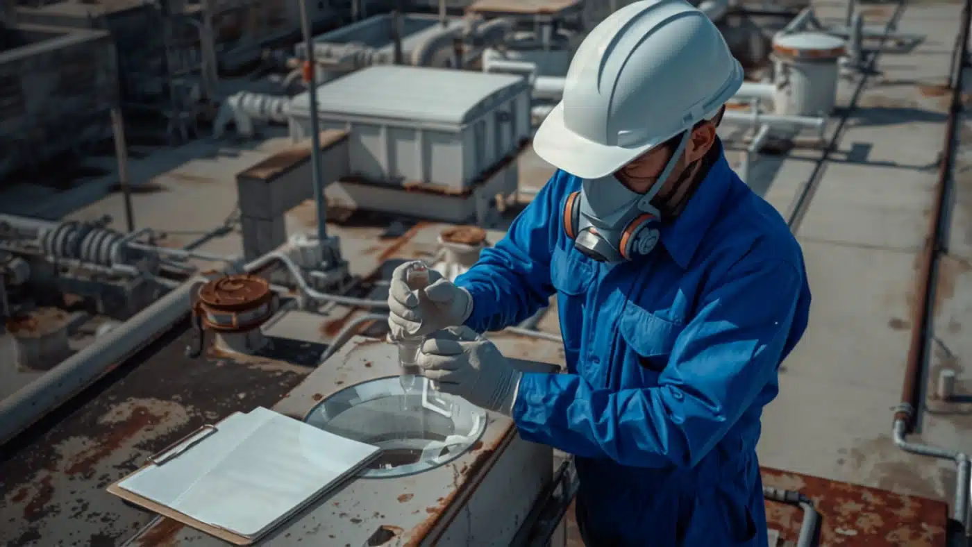 Tecnico esegue il campionamento per l'analisi della Legionella nelle torri di raffreddamento