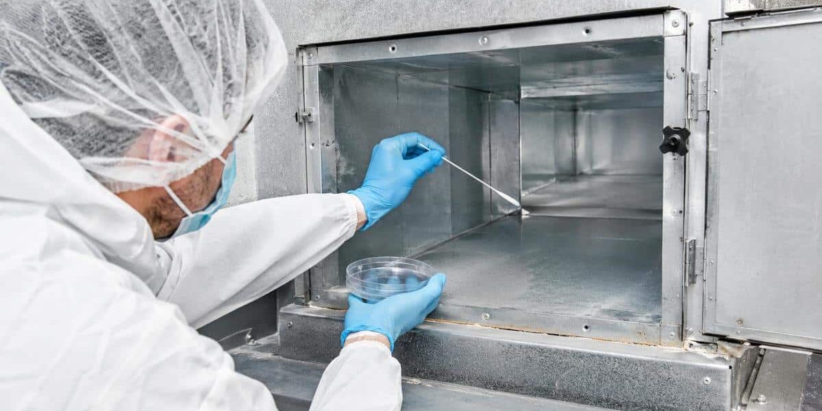 Operatore con DPI esegue un campionamento microbiologico con tampone all’interno di una condotta aeraulica, con piastra Petri in mano