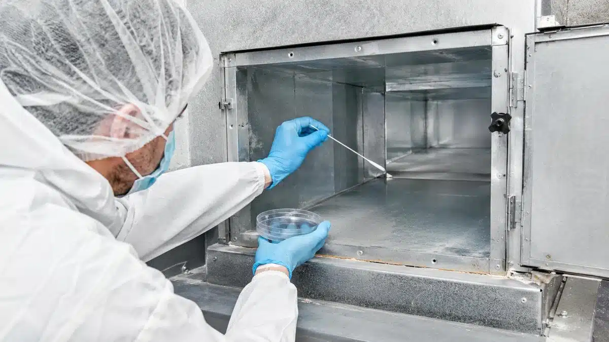 operatore con DPI esegue un campionamento microbiologico con tampone all’interno di una condotta aeraulica, con piastra Petri in mano