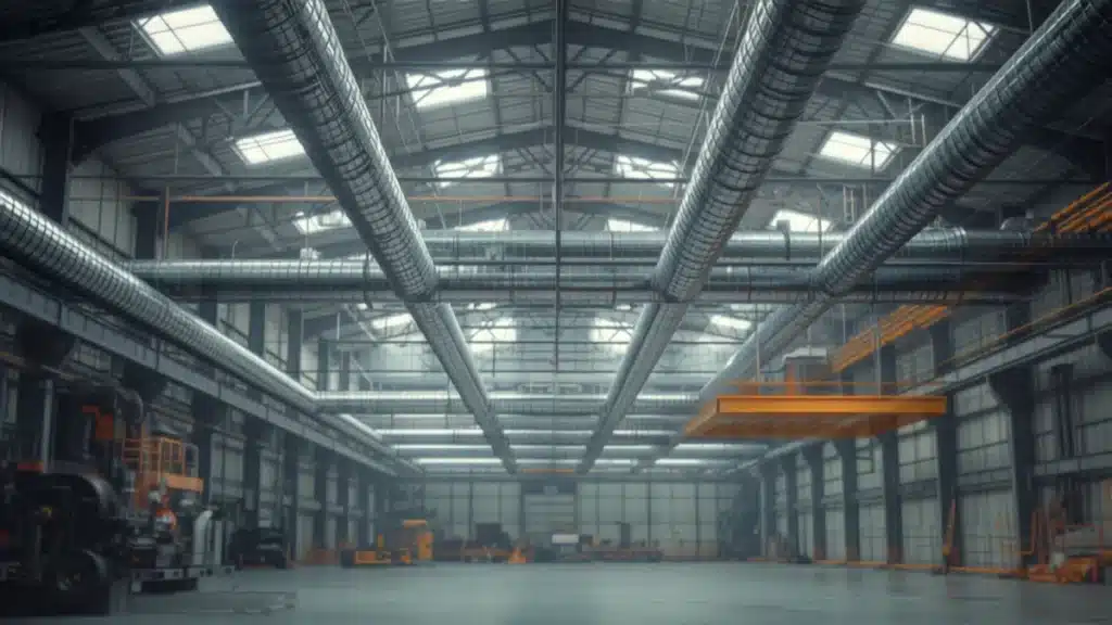 Capannone industriale con impianto di condotte aerauliche a vista