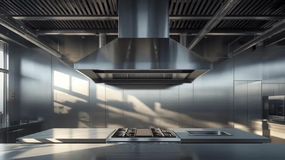 cappa di aspirazione in acciaio inox con condotto di ventilazione in una cucina professionale