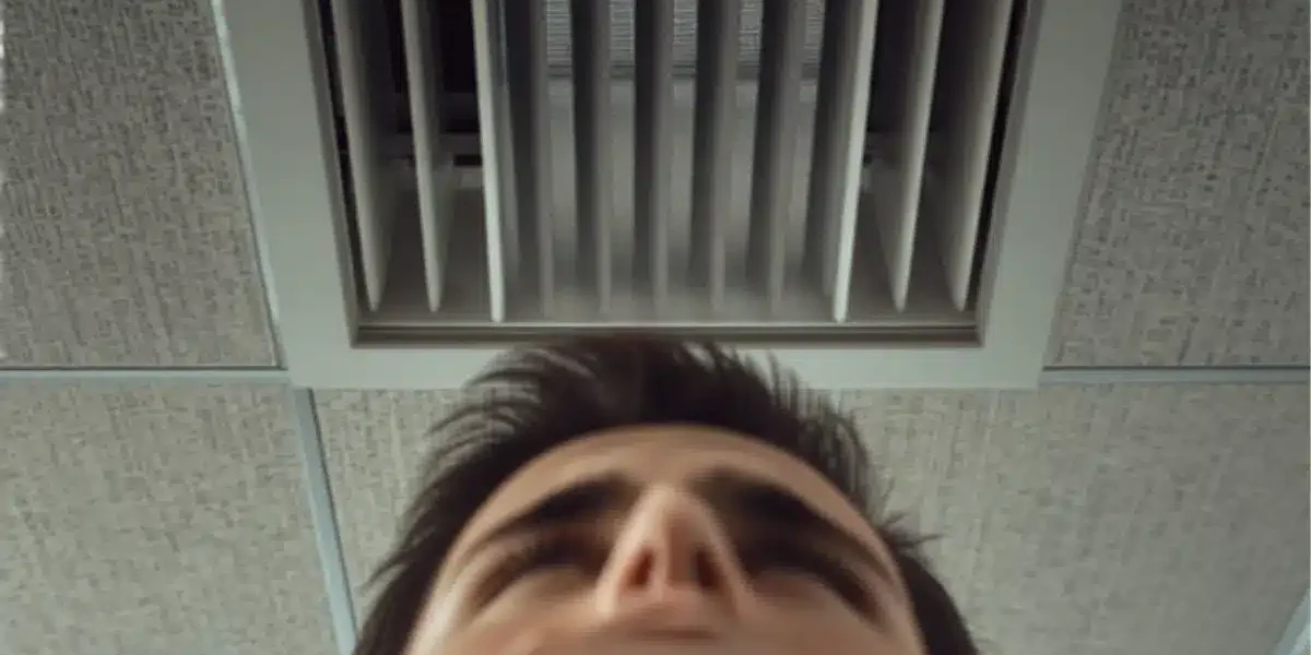 Odore sgradevole da una bocchetta di ventilazione Persona in ufficio infastidita dall odore proveniente da una bocchetta di ventilazione a soffitto
