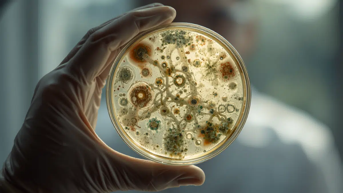 primo piano di una piastra Petri con colonie batteriche e muffe visibili, tenuta da un tecnico di laboratorio con guanti