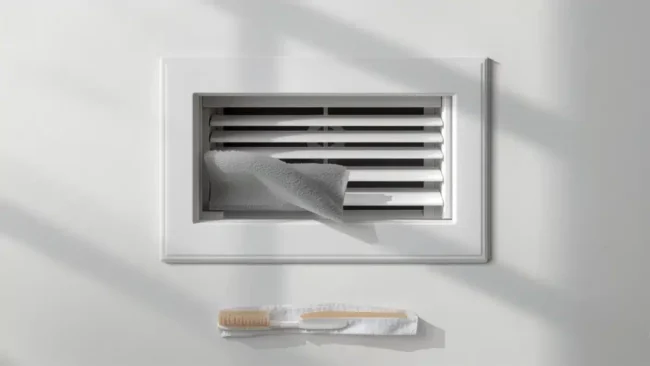 Griglia di ripresa aria smontata con il filtro estraibile appena rimosso durante la pulizia domestica