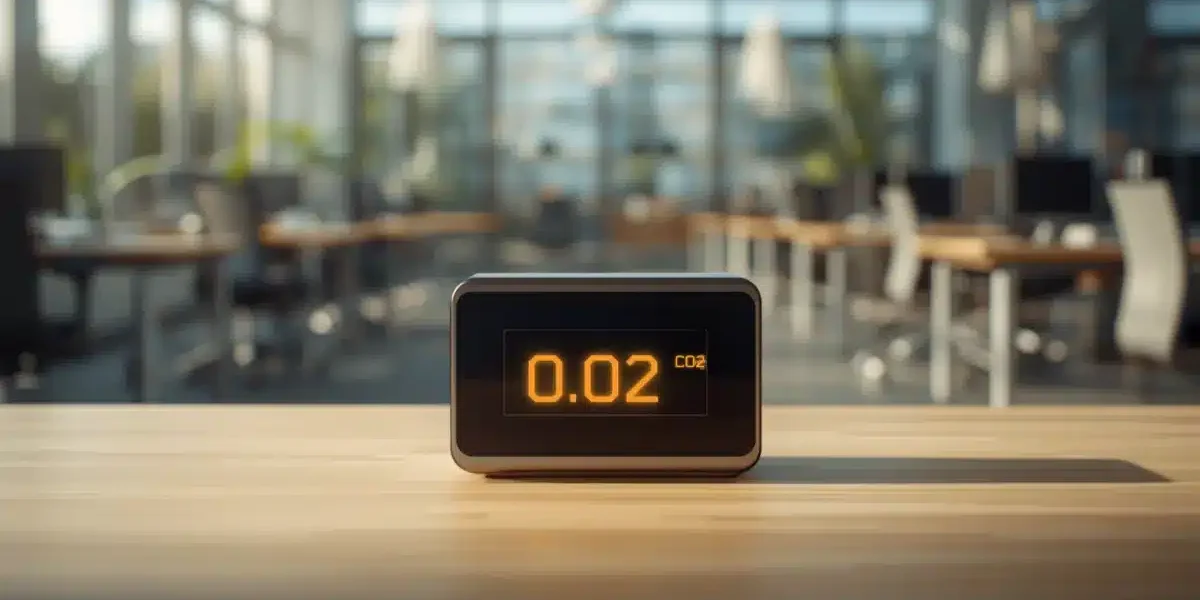 Monitor CO2 in ufficio Come si misura la qualità dell'aria indoor: monitor CO2 professionale su una scrivania in ufficio