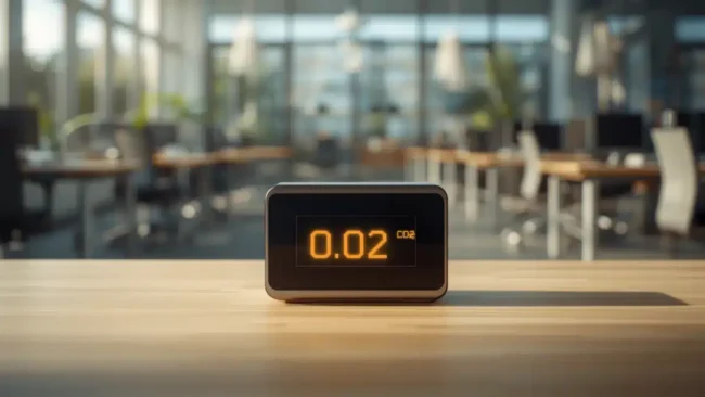 Come si misura la qualità dell'aria indoor: monitor CO2 professionale su una scrivania in ufficio