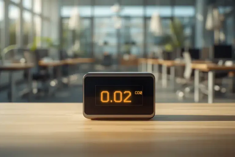 Come si misura la qualità dell'aria indoor: monitor CO2 professionale su una scrivania in ufficio