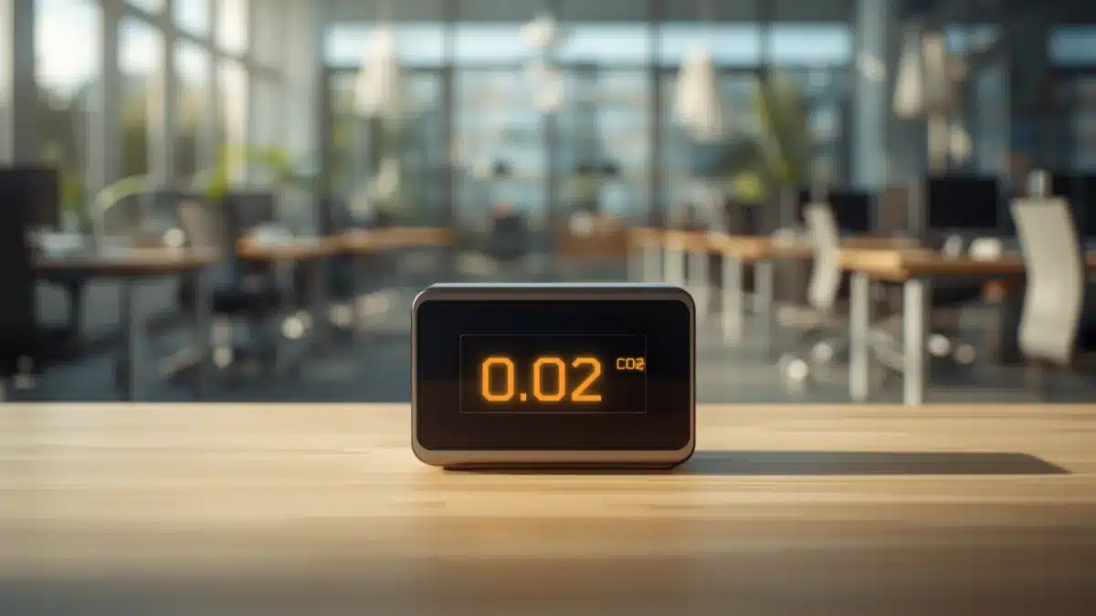 Come si misura la qualità dell’aria indoor: monitor CO2 professionale su una scrivania in ufficio
