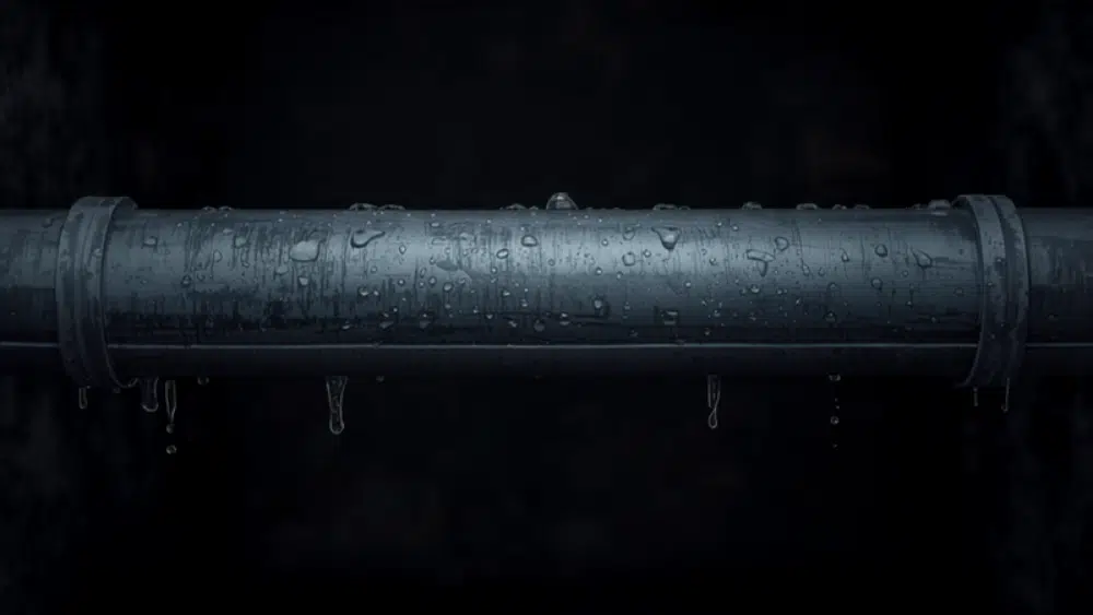 Condensa e gocce d'acqua su una condotta metallica nel cavedio condominiale