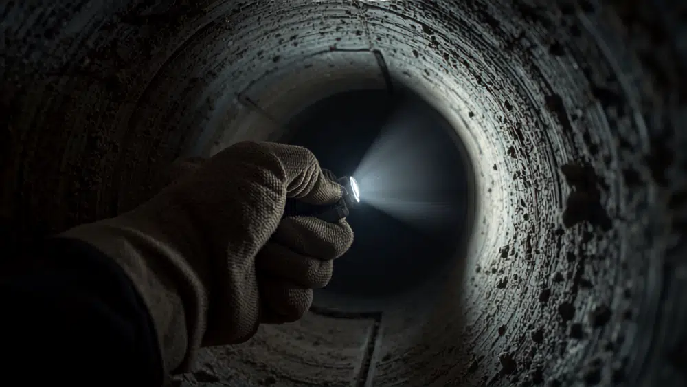 Interno di una condotta aeraulica con polvere e depositi visibili nonostante un precedente trattamento