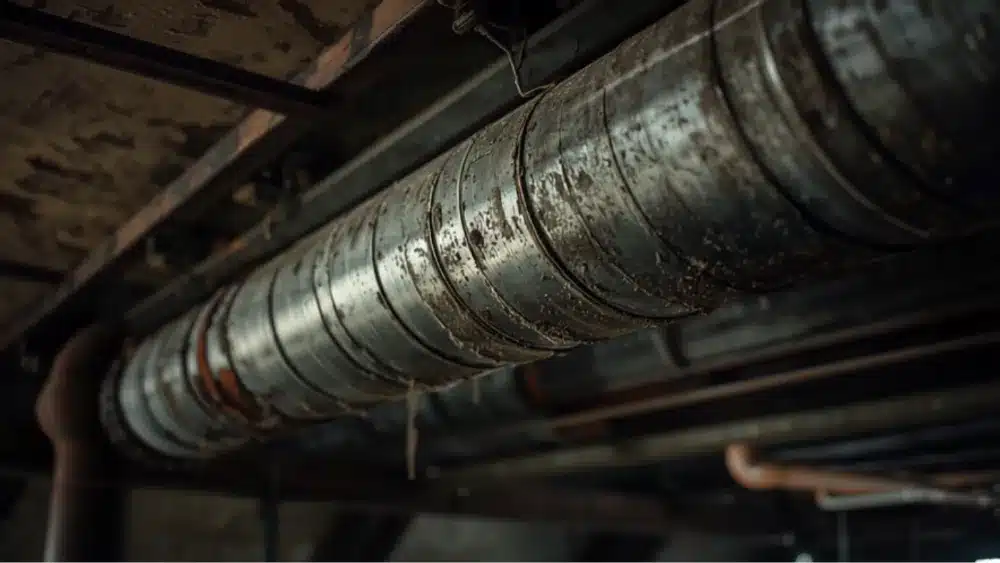 Condotta di ventilazione polverosa lungo il soffitto di un capannone industriale