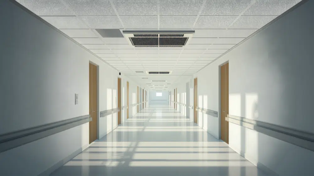 corridoio di una struttura sanitaria con griglia di ventilazione a soffitto
