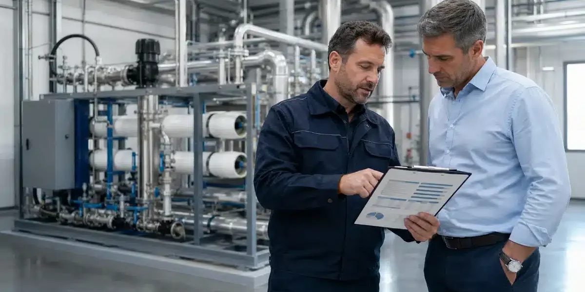 Costi bonifica Legionella: consulenza tecnica sul preventivo Tecnico che presenta il preventivo di bonifica Legionella a un gestore in una centrale termica