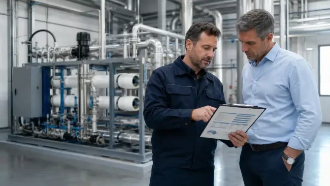 Costi bonifica Legionella: consulenza tecnica sul preventivo Tecnico che presenta il preventivo di bonifica Legionella a un gestore in una centrale termica