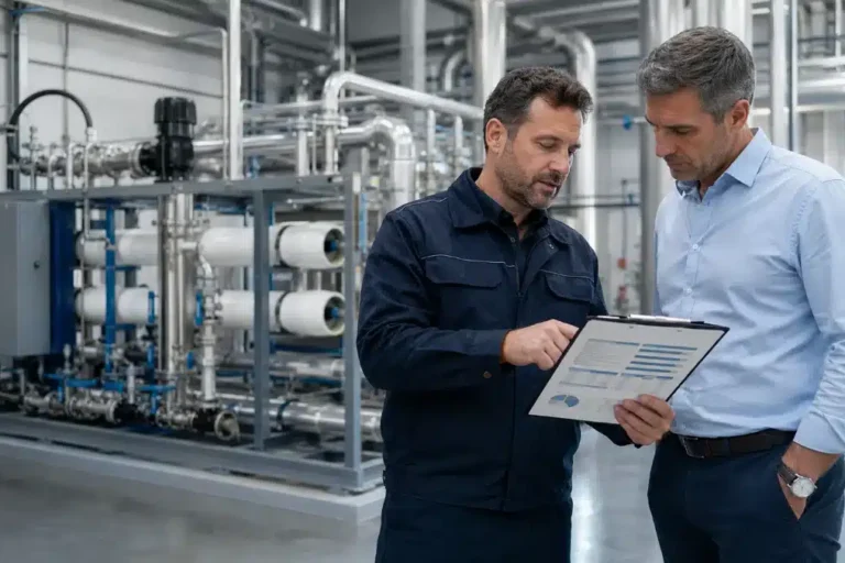 Tecnico che presenta il preventivo di bonifica Legionella a un gestore in una centrale termica