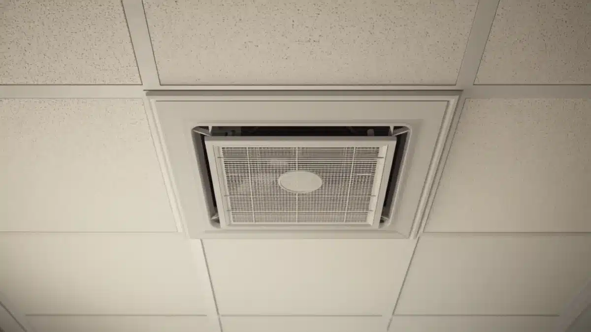 Diffusore di un impianto di ventilazione meccanica a soffitto in un'aula scolastica