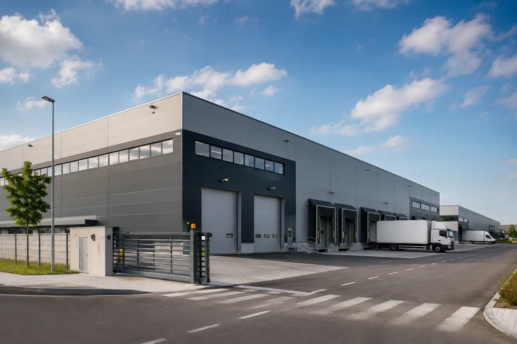 Capannone industriale con piazzale di carico, banchine e camion per il trasporto merci