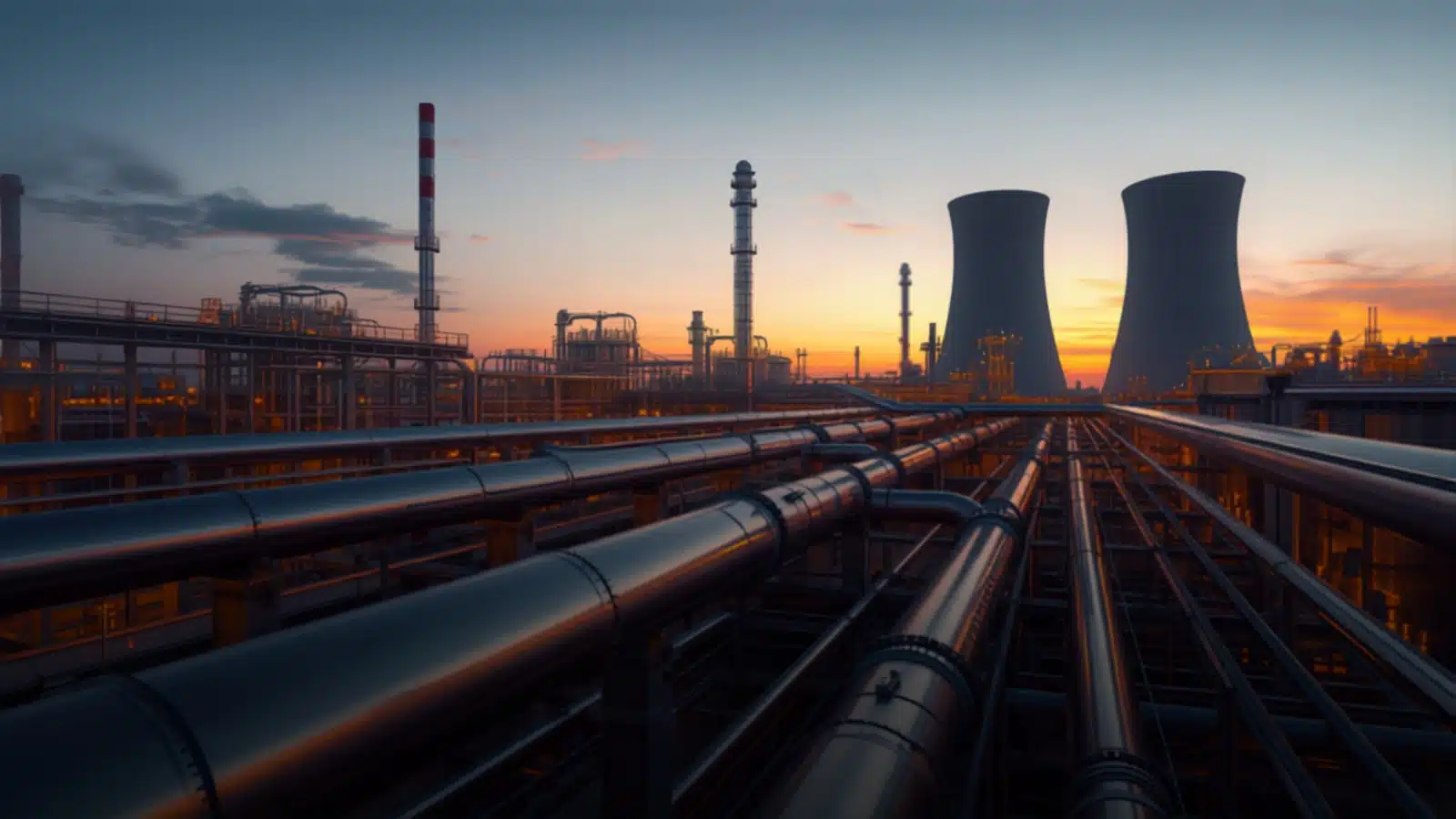 Impianto chimico e petrolchimico, torri e tubazioni industriali