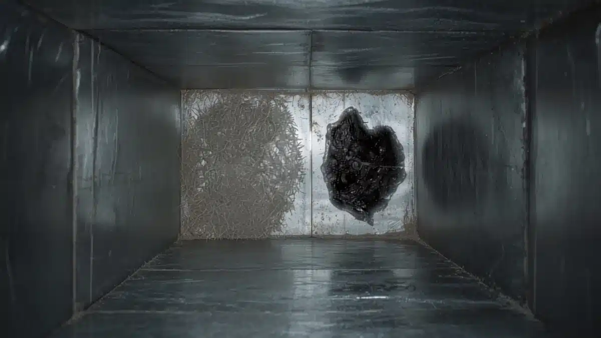 Che cosa mostra una videoispezione delle condotte: polvere asciutta e macchia scura sulla stessa parete di un canale d’aria