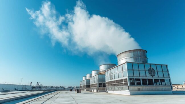 Torri di raffreddamento industriali sul tetto di uno stabilimento: rischio Legionella nelle torri di raffreddamento