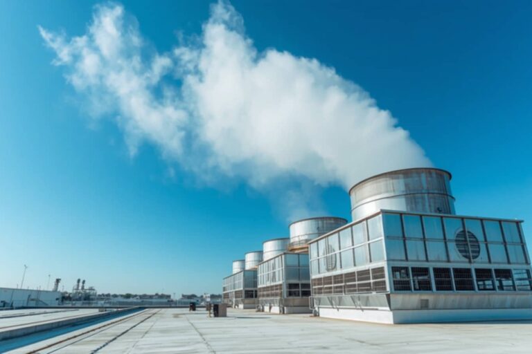Torri di raffreddamento industriali sul tetto di uno stabilimento: rischio Legionella nelle torri di raffreddamento