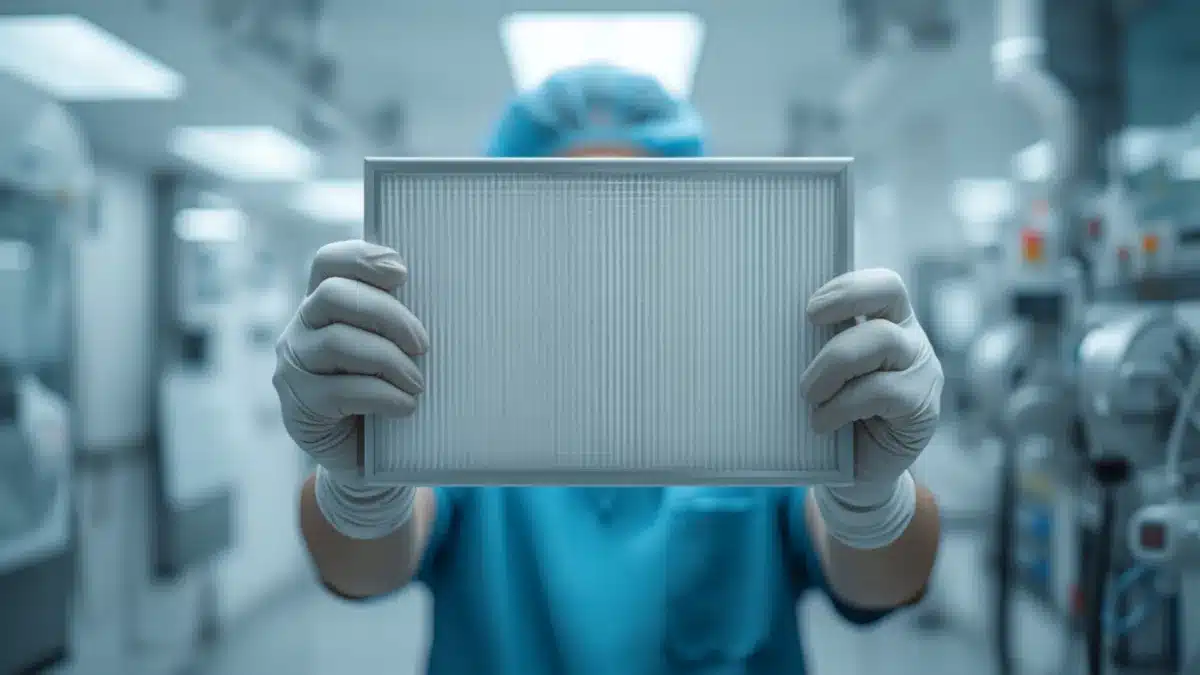 Tecnico ispeziona un filtro HEPA in area tecnica ospedaliera