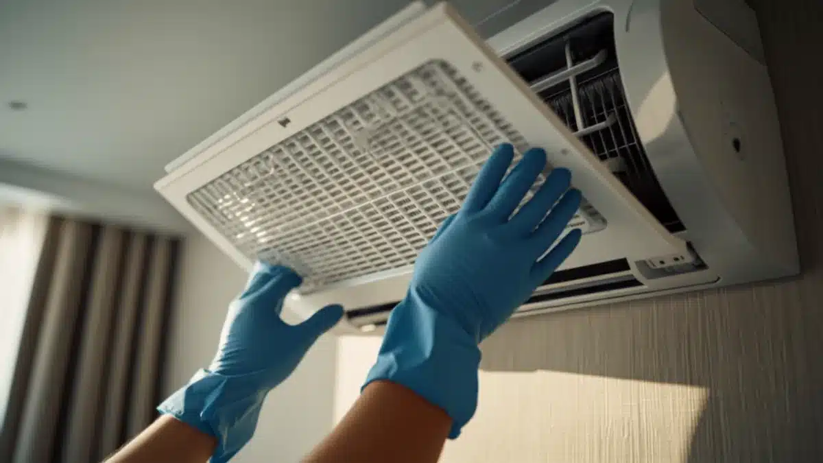 Pulizia del filtro di un fan-coil in una camera d'albergo