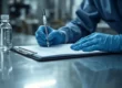Tecnico che compila il registro di autocontrollo Legionella accanto al campione di acqua