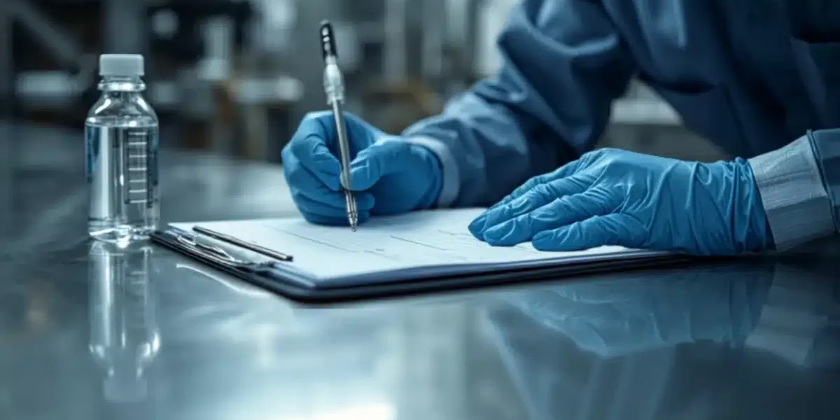 Registro autocontrollo Legionella: compilazione Tecnico che compila il registro di autocontrollo Legionella accanto al campione di acqua
