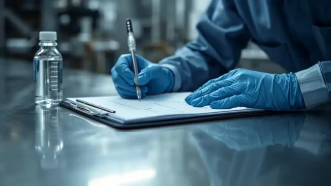 Tecnico che compila il registro di autocontrollo Legionella accanto al campione di acqua