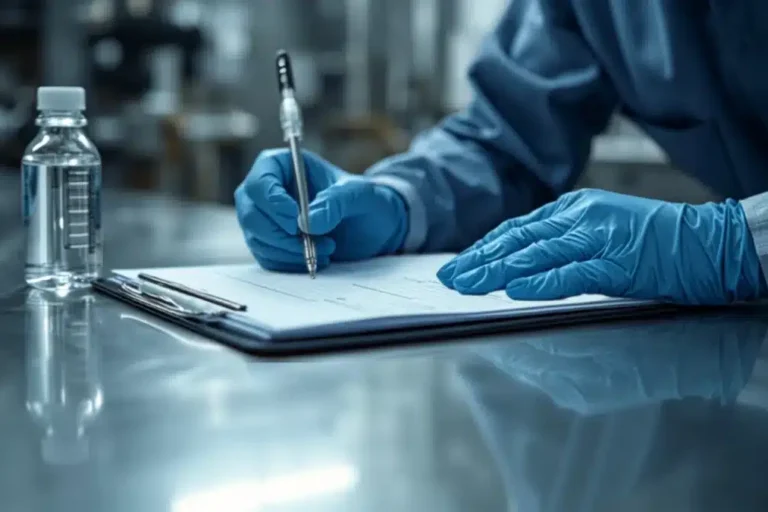 Tecnico che compila il registro di autocontrollo Legionella accanto al campione di acqua