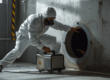 Tecnico con dispositivo tempo protezione posiziona generatore di ozono vicino a bocchetta di accesso condotta aeraulica
