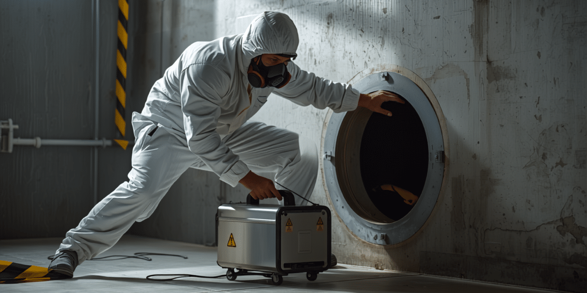 Tecnico con dispositivo tempo protezione posiziona generatore di ozono vicino a bocchetta di accesso condotta aeraulica