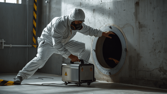 Tecnico con dispositivo tempo protezione posiziona generatore di ozono vicino a bocchetta di accesso condotta aeraulica