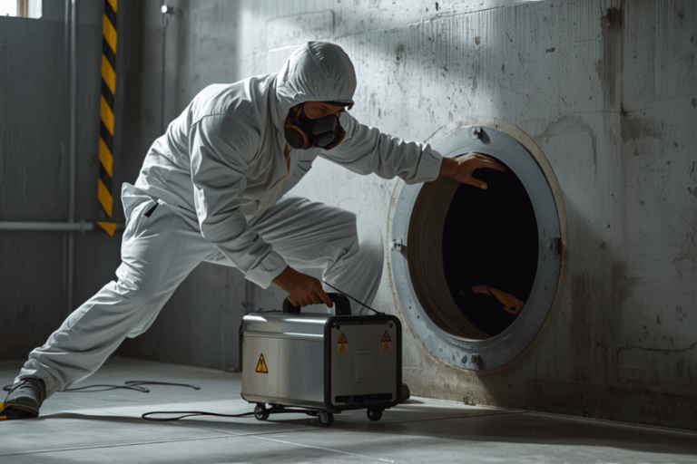 Tecnico con dispositivo tempo protezione posiziona generatore di ozono vicino a bocchetta di accesso condotta aeraulica