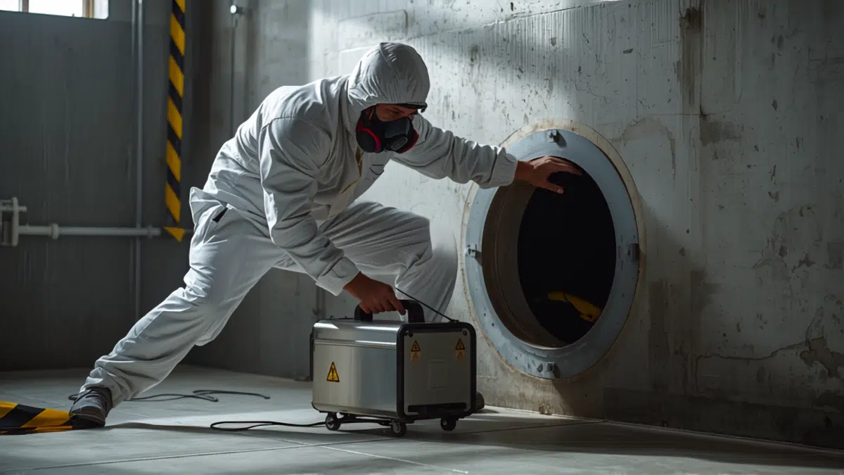 Tecnico con dispositivo di protezione posiziona un generatore di ozono vicino a una bocchetta di accesso della condotta aeraulica
