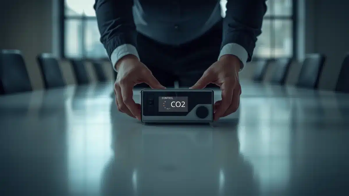 Come si misura la qualità dell’aria indoor: tecnico posiziona un misuratore di CO2 in sala riunioni