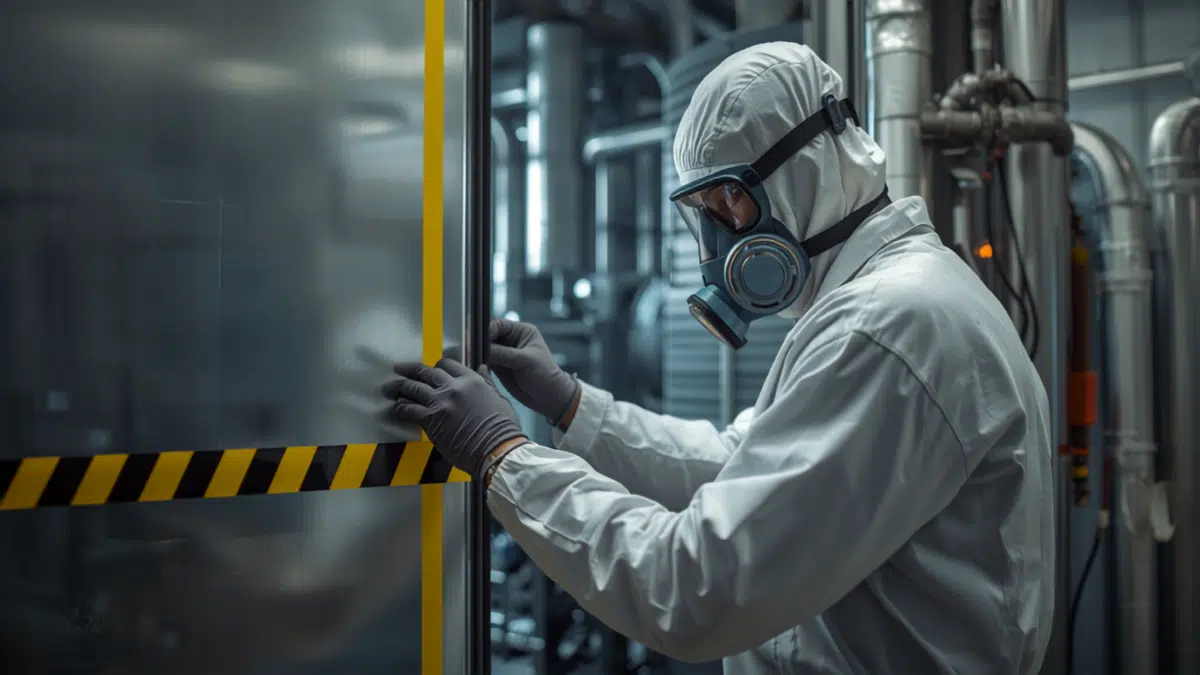 Tecnico sigilla l'ingresso di un locale tecnico prima dell'avvio del generatore di ozono per il trattamento della condotta aeraulica