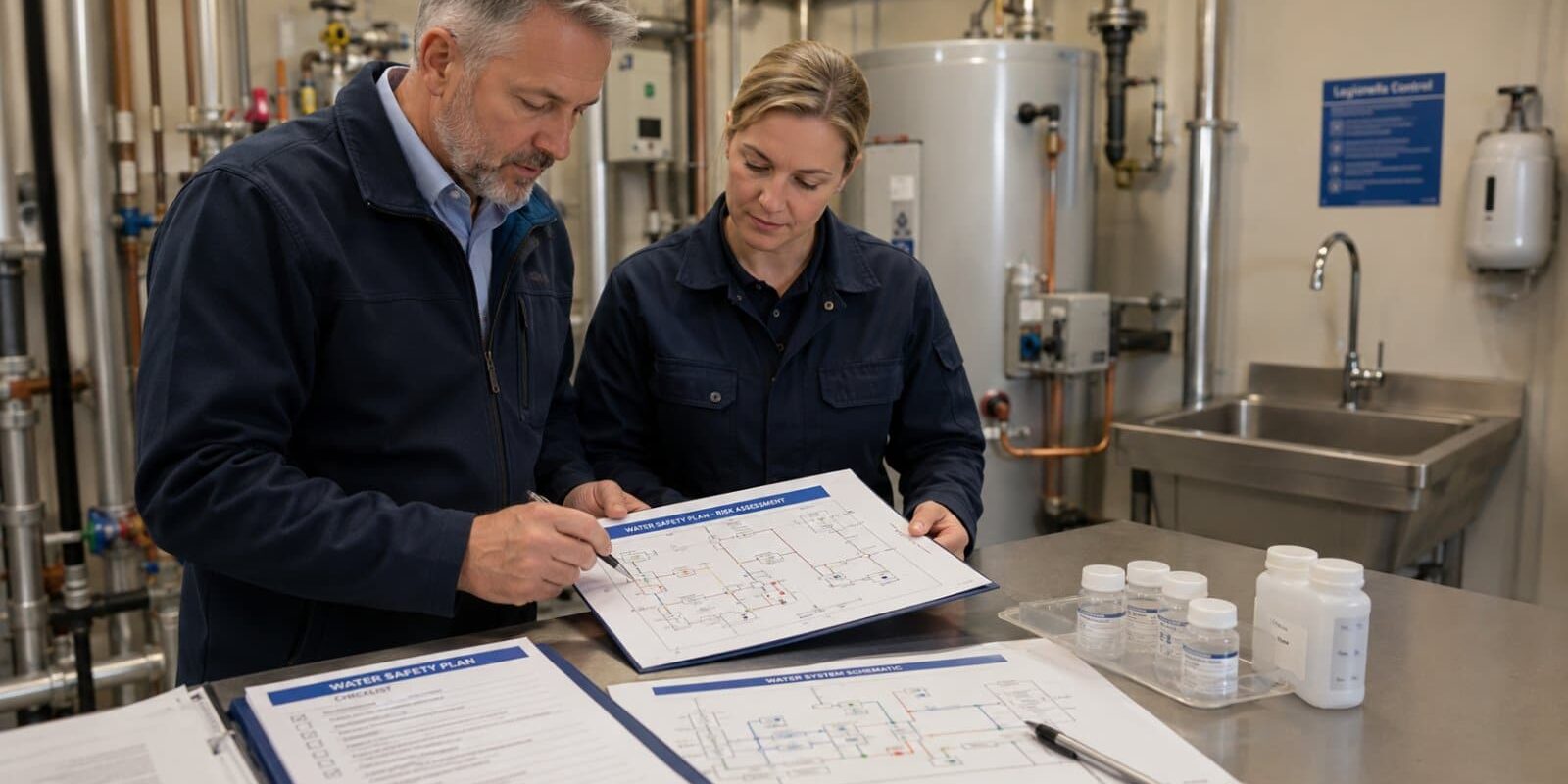 Due tecnici esaminano il Piano di Sicurezza dell'Acqua con schema dell'impianto idrico e campioni d'acqua per il controllo della Legionella