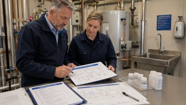 Due tecnici esaminano il Piano di Sicurezza dell'Acqua con schema dell'impianto idrico e campioni d'acqua per il controllo della Legionella