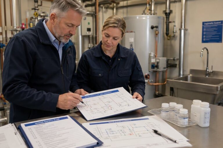 Due tecnici esaminano il Piano di Sicurezza dell'Acqua con schema dell'impianto idrico e campioni d'acqua per il controllo della Legionella